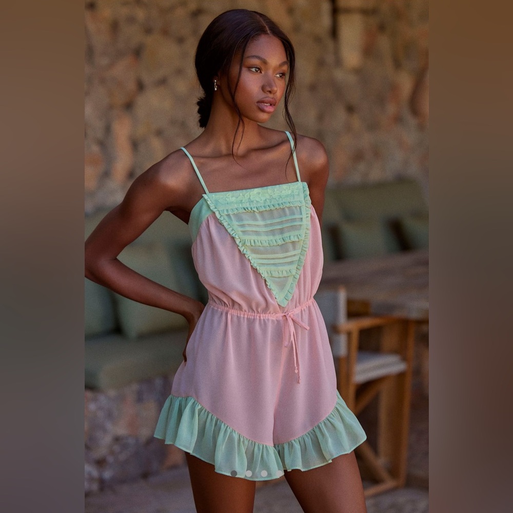 Anthropologie Pink Mint Crochet Ruffle Lingerie Romper Teddy Playsuit XS NWT